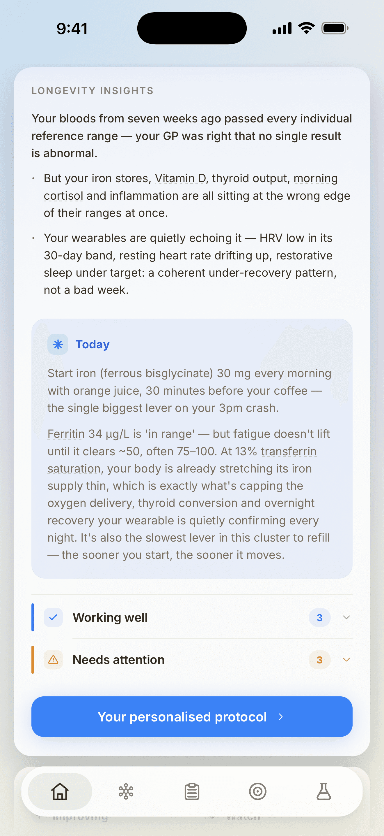 Vector longevity insights connecting pathology markers with Apple Health context